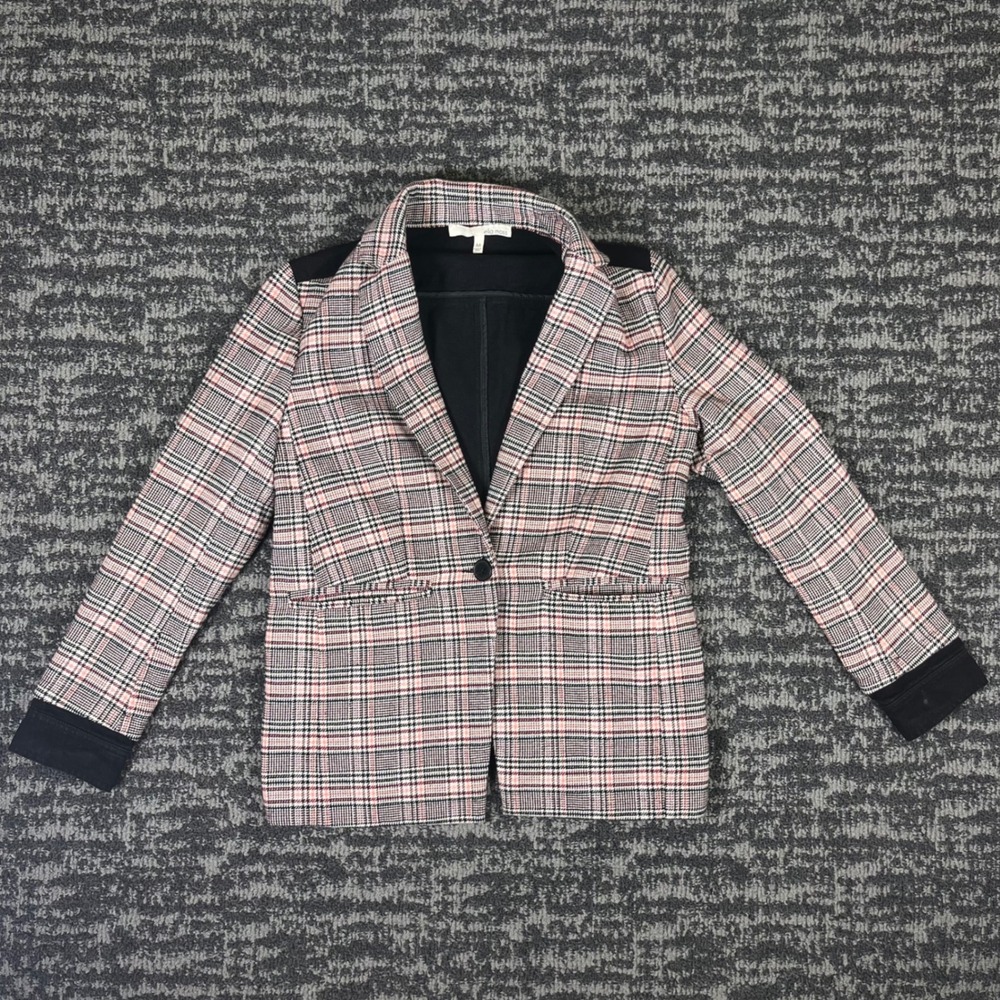 Ella Moss‎ Plaid Mixed Media Blazer Black Denim Back Single Button Medium